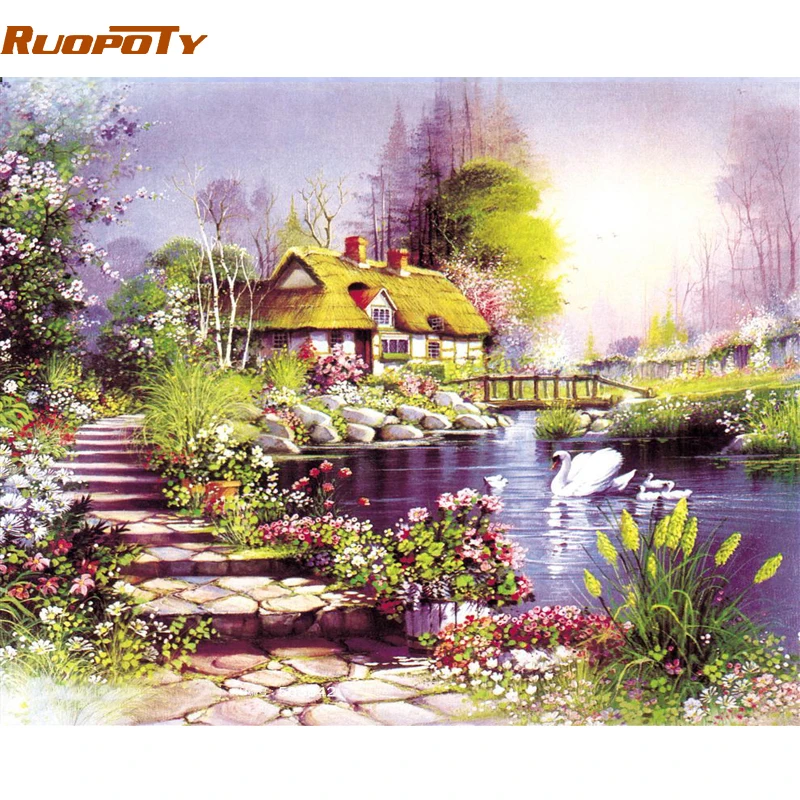 RUOPOTY рамка Деревенский Дом DIY живопись по номерам современный пейзаж Ручная