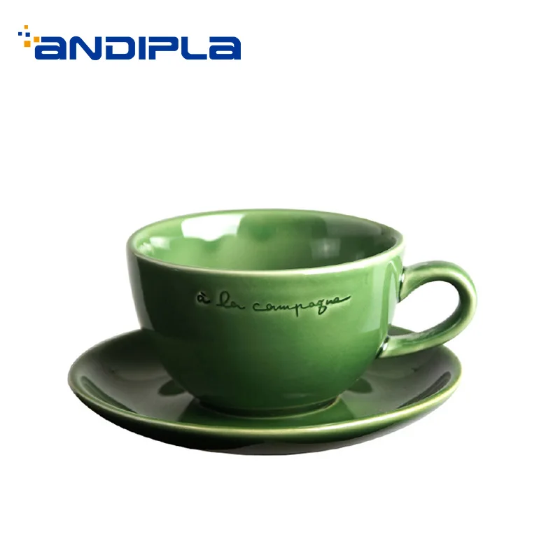 

230ML Creative Ceramic Porcelain Cafe Latte Coffee Milk Cup with Saucer Kit Home Drinkware Solid Color Green Tea Water Mug Dish