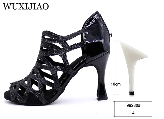 Black heel 10cm WUXIJIAO/Обувь для латинских танцев; женские туфли для вальса, сальсы, бальных танцев; zapatos de baile latino mujer; Цвет черный, красный; женская обувь - Цвет: Black heel 10cm