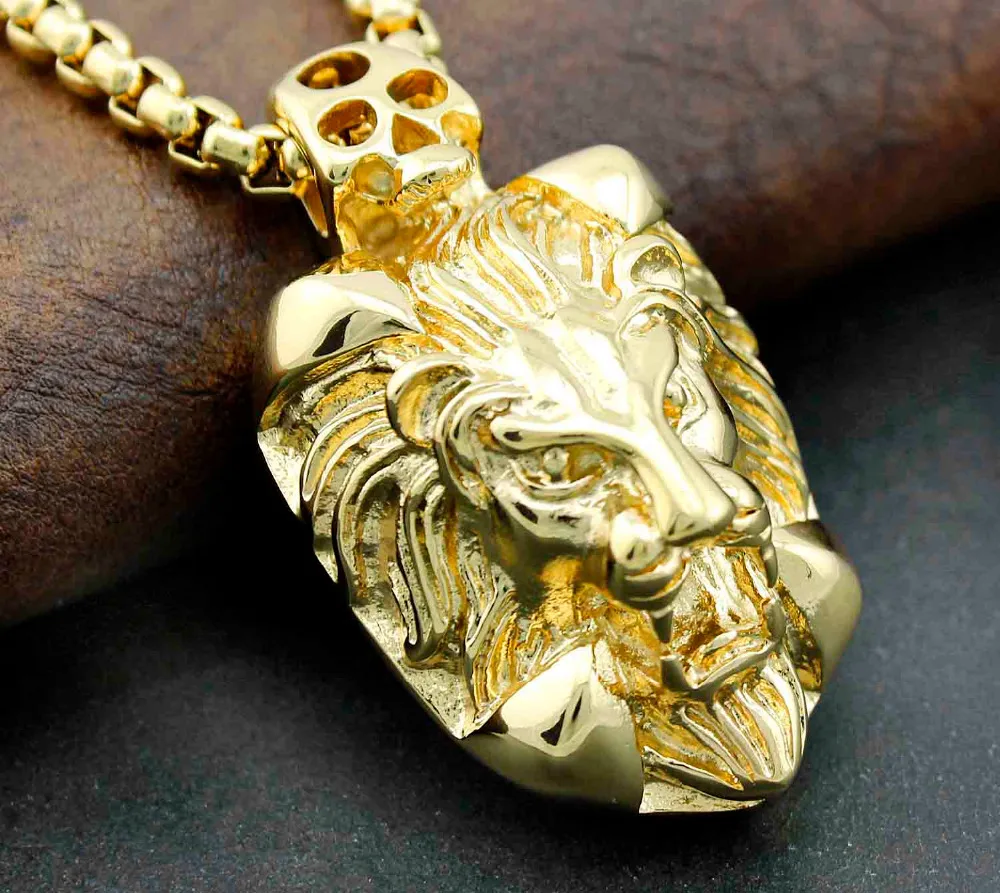 Байкерская Золотая нержавеющая сталь голова льва Мужская Подвеска Ожерелье |