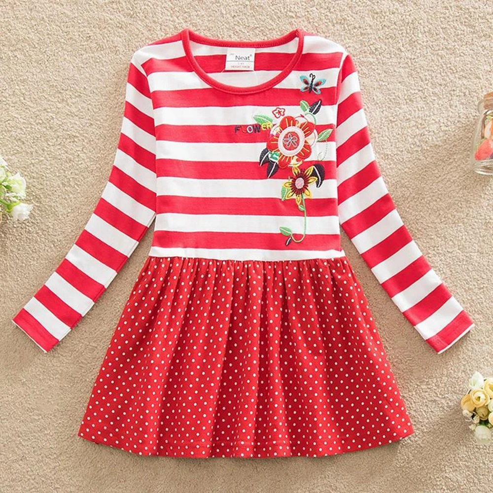 JUXINSU Toddler Girls Long Sleeve Dresses for Kids Baby Autumn Winter Cotton Casual Dress Flower Stripes Girl 1-8 Years | Детская одежда