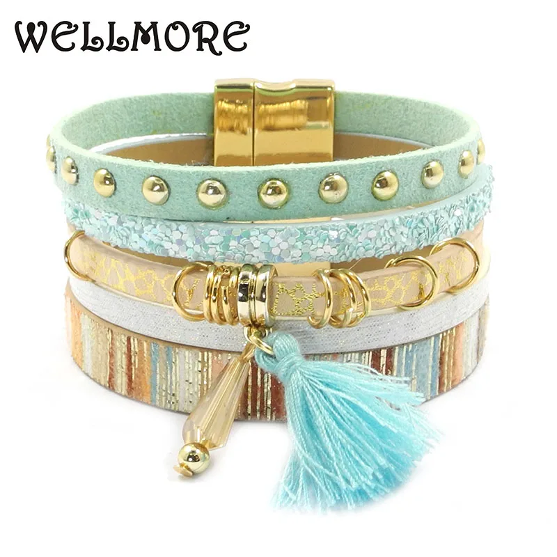 

WELLMORE women leather bracelet 6 color bracelets Bohemian chram bracelets for women gift wholesale jewelry dropshipping