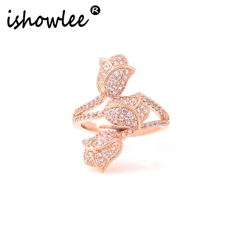 

Rings with Rose Flower Cubic Zirconia Rose Gold 585 Rings for women With Stones Crystal Luxury Brand Korean Female Jewelry jza22