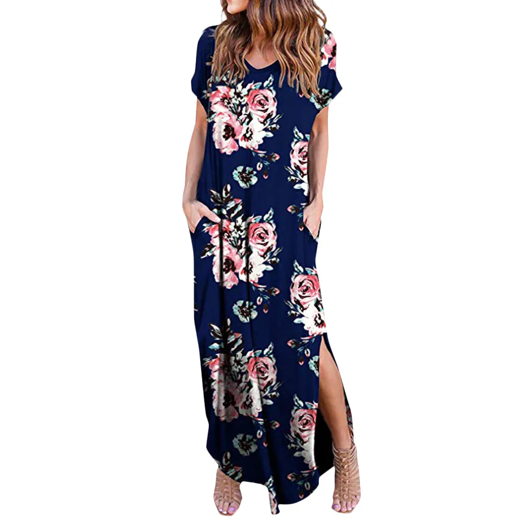 Женское повседневное Свободное длинное платье с карманами Платья макси коротким