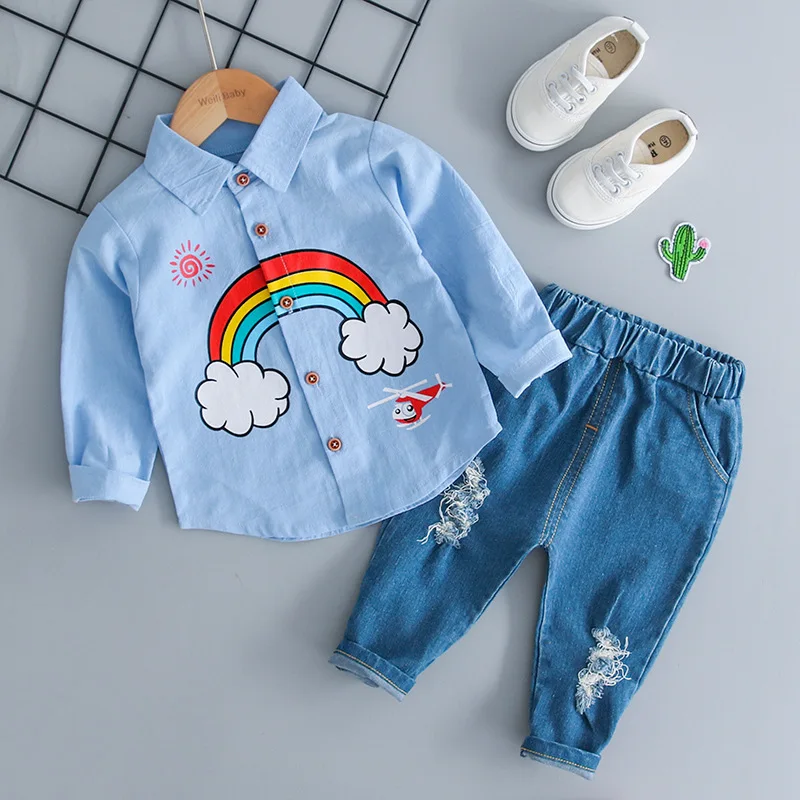Autumn Kids Boys 2PCS Clothing Set Baby Suits Turn Down Collar Rainbow Shirt Holes Jeans Infant' Wear Casual Clothes Outfits | Детская