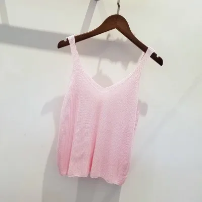 Pink Женский Повседневный укороченный топ, женский сексуальный Вязаный топ с v-образным вырезом, открытая футболка, Повседневная рубашка, 11 цветов - Цвет: Pink