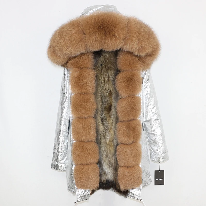 silver Camel OFTBUY, пальто с натуральным мехом, зимняя куртка, Женская парка, натуральный Лисий мех, уличная одежда, Толстая теплая съемная верхняя одежда, длинные парки, новинка - Цвет: silver Camel
