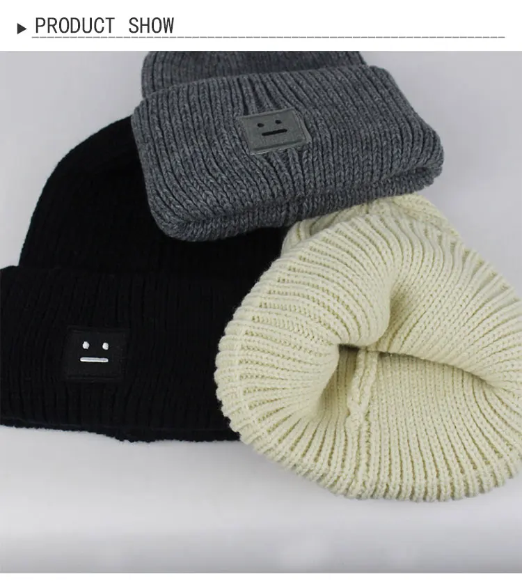 Зимние Для женщин шапка Beanie Мода Повседневное, сплошной цвет теплый Кепки улыбающееся лицо, хип-хоп шляпа мужской женский