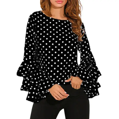 Женская блузка в горошек с длинным рукавом и оборками|ladies casual blouses|women blousescasual blouse |