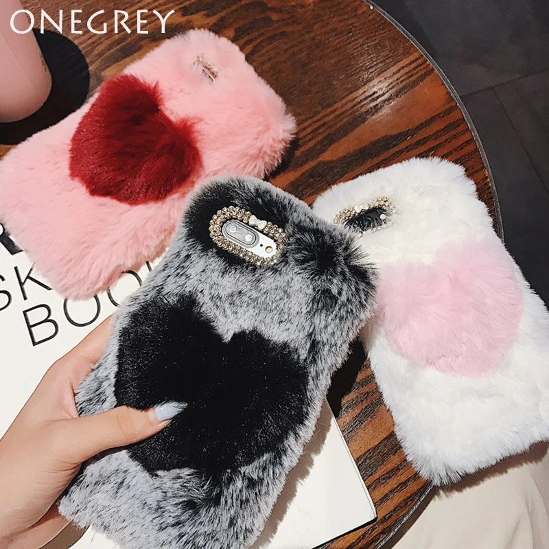 Cute Hairy Warm Fur Case For iPhone X XR XS Max 4 5 5s C SE 6splus 6 7 8 Plus Rhinestone Heart Plush Cover Soft Shell Etui Mujer |