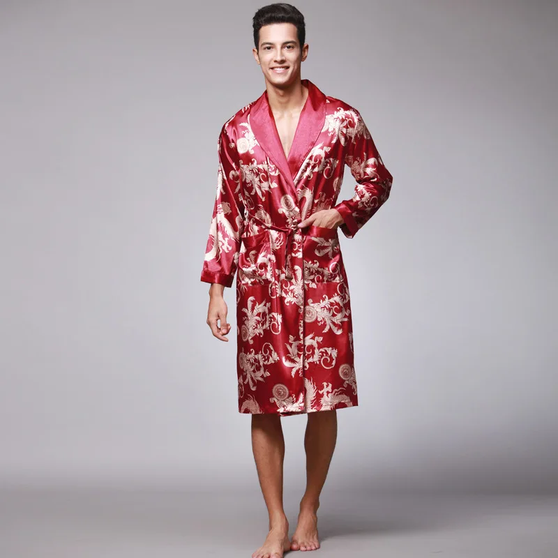 RB0127 Men Robe Soft Nightwear Satin Silk Sleepwear Male Dragon Print Bathrobe Long Sleeve Pijama V Neck Night Robe Brand Pyjama
