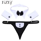 Стринги 3 шт.компл. мужские, джоки, гей-стринги для официанта, нижнее белье, Трусы-стринги, с бантом на воротнике, браслеты, нижнее белье для смокинга с открытой спиной