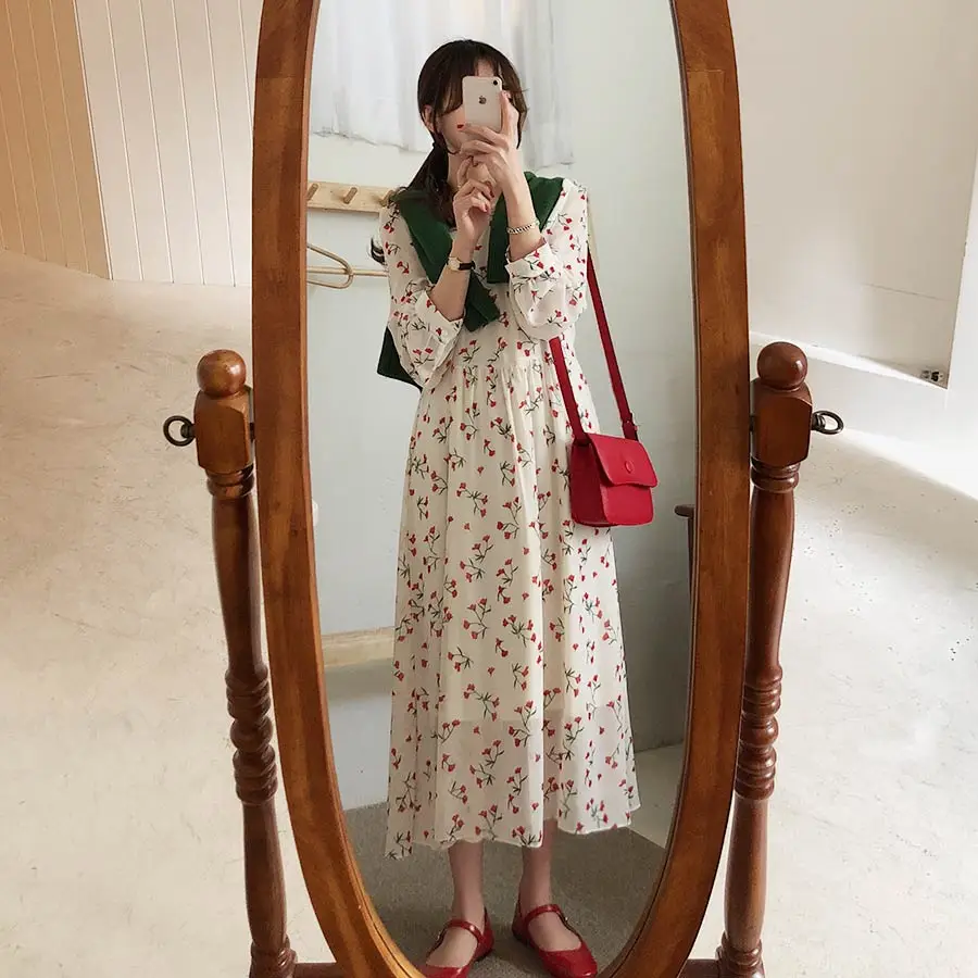 Новинка, S-XL, весеннее женское платье, повседневное, бохо, OL, повседневное, шифоновое, с принтом, с длинным рукавом, женское платье, Robe femme Vestido