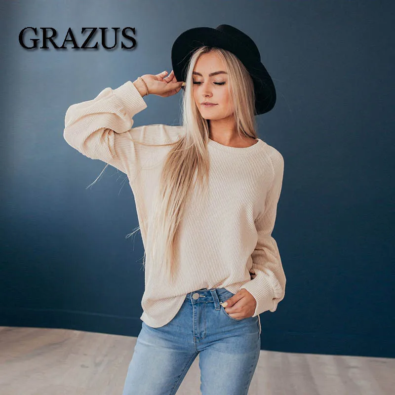 Grazus Casual Loose Women Sweatwear 2018 Autumn Winter O-Neck Long Sleeve Pullovers For Womens Fashion Solid Hoodies Tops | Женская