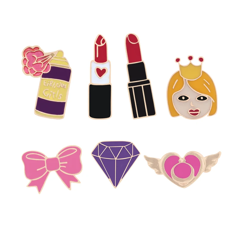 Милая мультяшная брошь для девушек красная помада духи эмалевые булавки розовый