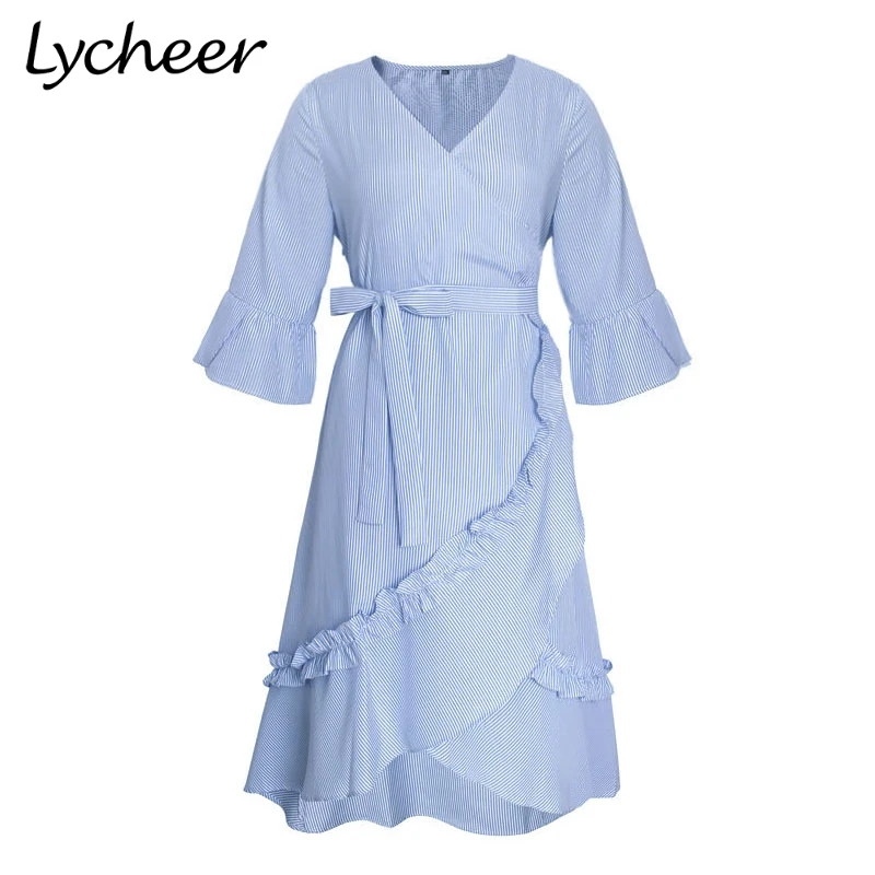 Lycheer Plus асимметричное Полосатое платье-рубашка платья с рукавом-клеш повседневные платья плюс размер сращенная рубашка длинное платье 6XL
