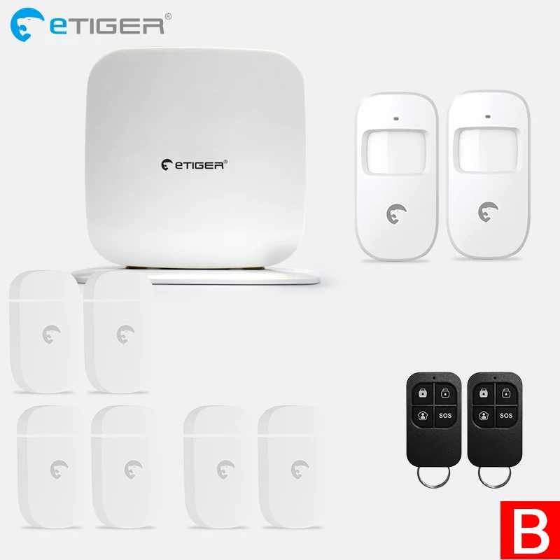 Etiger беспроводной Secual Box Wi-Fi/GSM сигнализация умный дом Комплект с датчиком движения PIR IP wifi камера Беспроводной детектор дыма - Цвет: SET   B