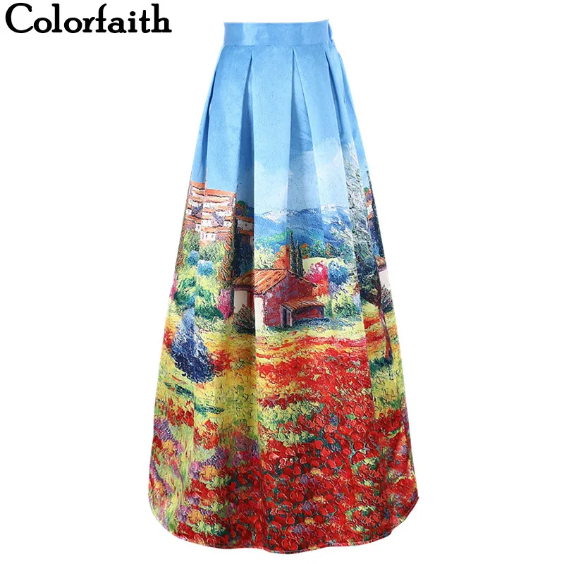 as picture Colorfaith атласные женские 100 см расклешенные макси юбки ретро деревенская живопись плиссированные длиной до пола Длинные юбки пачки Saias SP035 - Цвет: as picture
