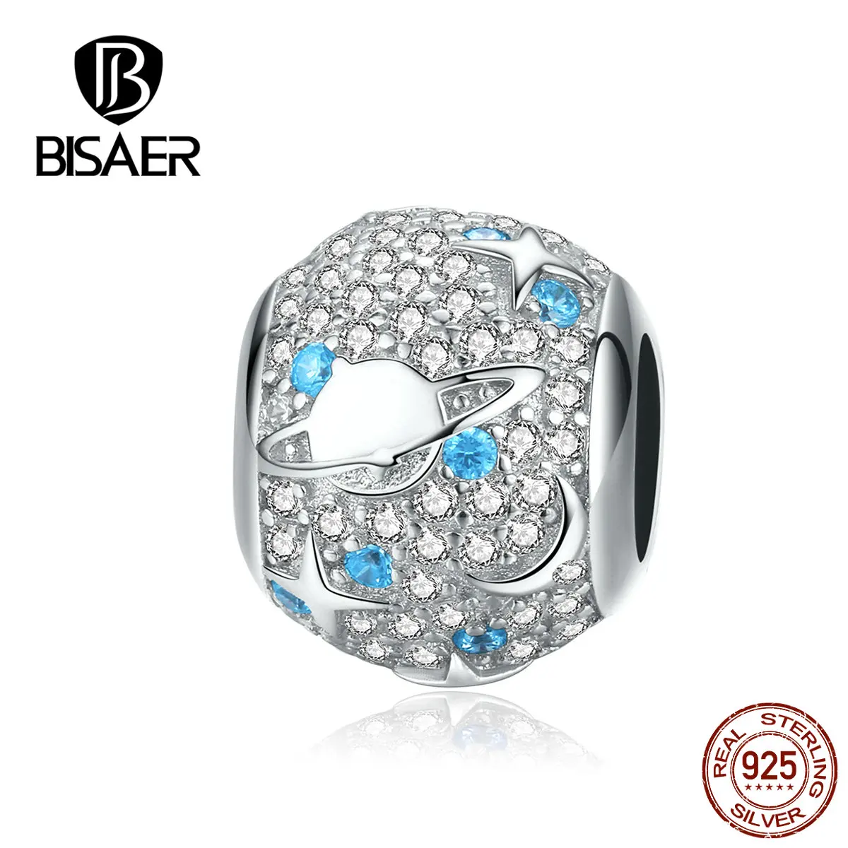 BISAER циркониевые бусины, 925 пробы, серебро, Сияющая Звезда, Луна, подвеска в виде планеты, бусины, подходят для DIY браслетов, серебро 925, ювелирные изделия ECC1217