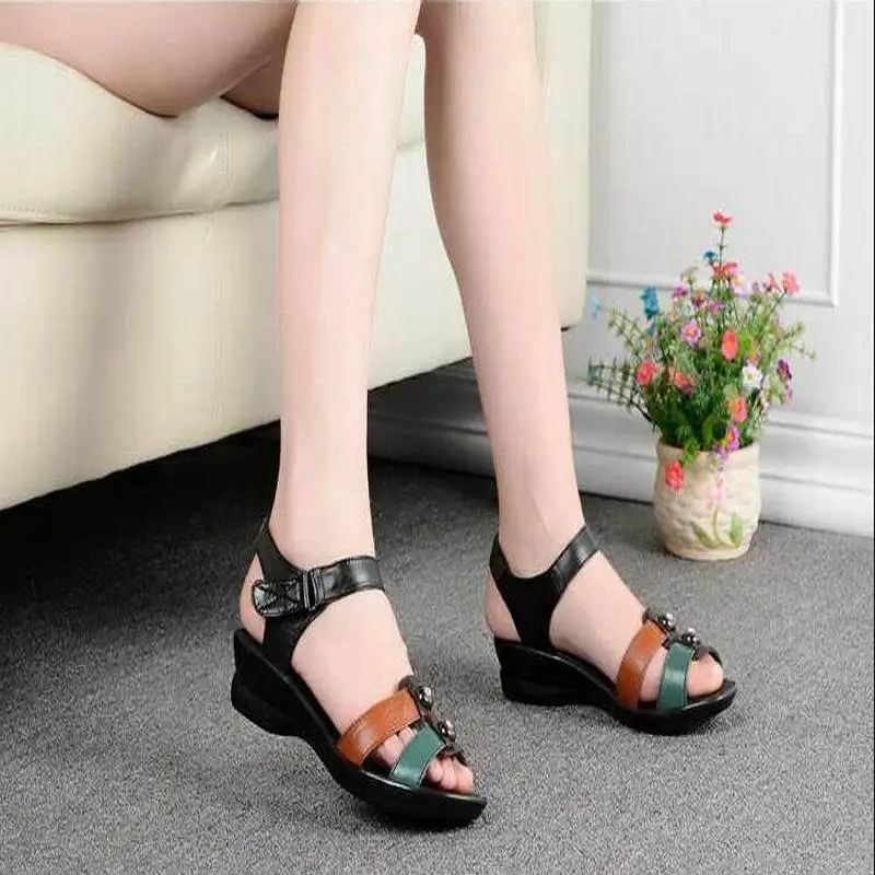 Nice Summer Women Genuine Leather Sandals Wedges Open Toe Shoes Comfortable Female Mother Plus size(25-61) | Обувь