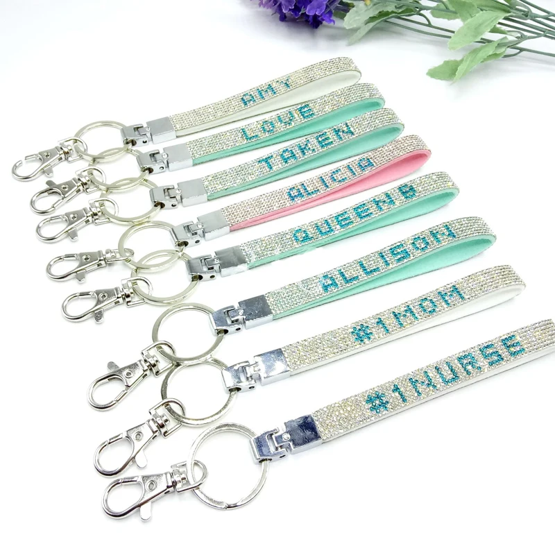 New Bling Crystal Rhinestones Leather Strap Lanyard for ID Badge Keys Bags Promotional custom letter rhinestone keyring