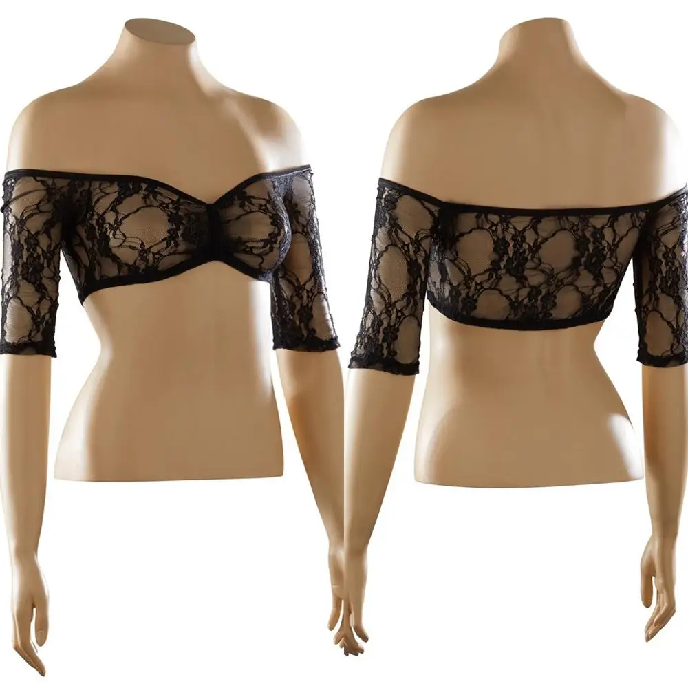 Black Womens Plus Size Strapless Off Shoulder Crop Top Seamless Arm Shaper Short Sleeve Cropped Navel Lace Top Perspective Underwear - Color: Black
