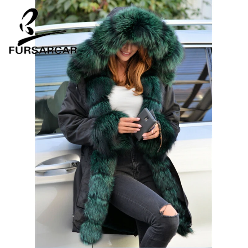FURSARCAR/зимнее пальто из натурального меха женская черная парка с толстым