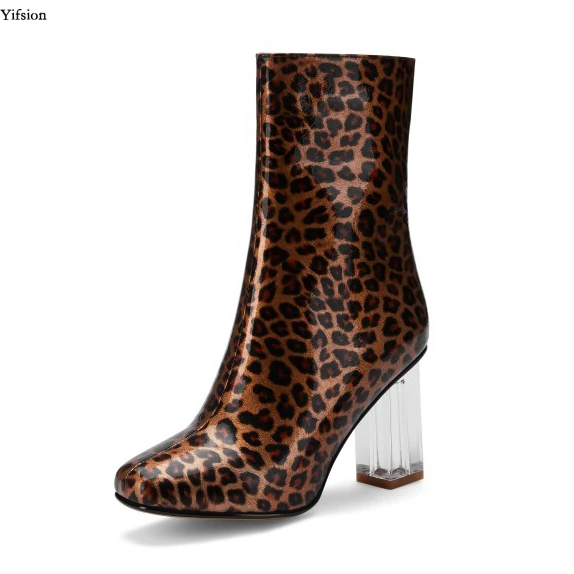 

Olomm/новые зимние женские ботильоны высококачественные ботинки на высоком квадратном каблуке пикантные леопардовые вечерние туфли с квадра...
