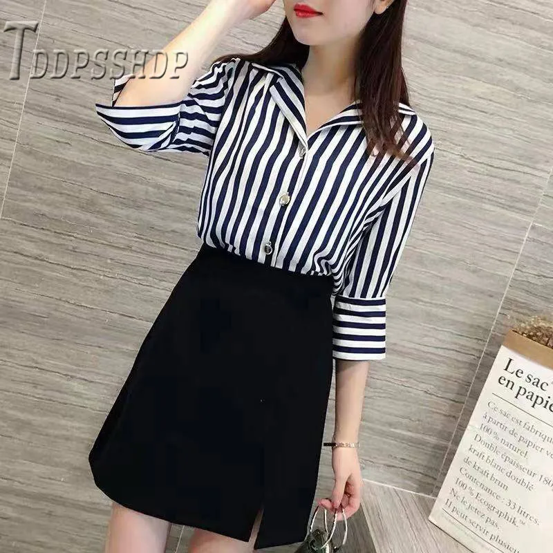 

2019 Spring Summer Women Sets Stripe Blouse and Black Skirt Female Sets