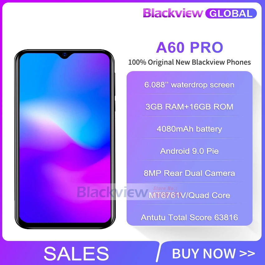 Смартфон Blackview A60 Pro, четырехъядерный процессор MTK6761, экран 6,088 дюйма, 3 Гб ОЗУ, 16 Гб ПЗУ, Android 9,0, 4G, мобильный телефон A60PRO