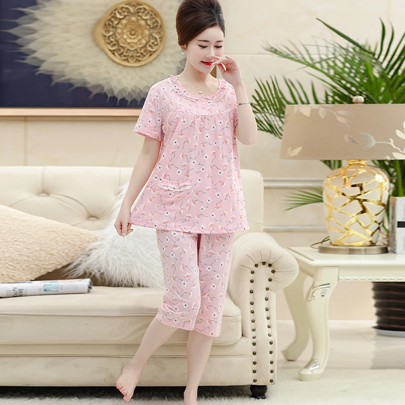 Женская одежда маленькая летняя Пижама с цветочным принтом трикотажная