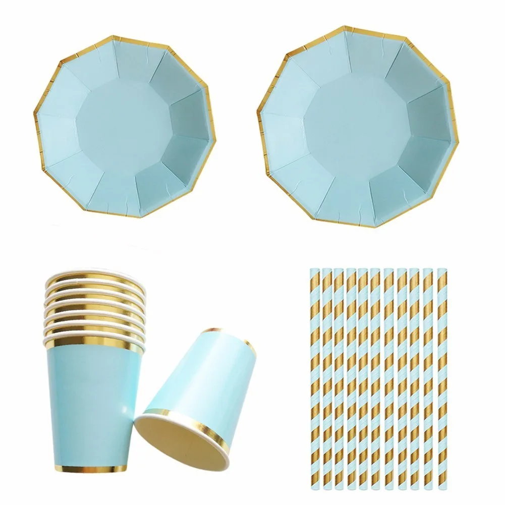 Золотые блоки чистый небесно голубой цвет набор одноразовой посуды бумажные