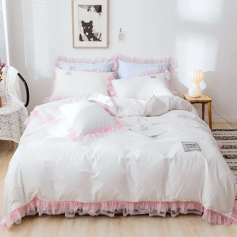 

Pure Cotton Bedding Set 4 Pcs Princess Romantic Bedskirt Pillowcases Duvet Cover Home Textile Solid Color 1.2m 1.5m 1.m 2.0m Bed