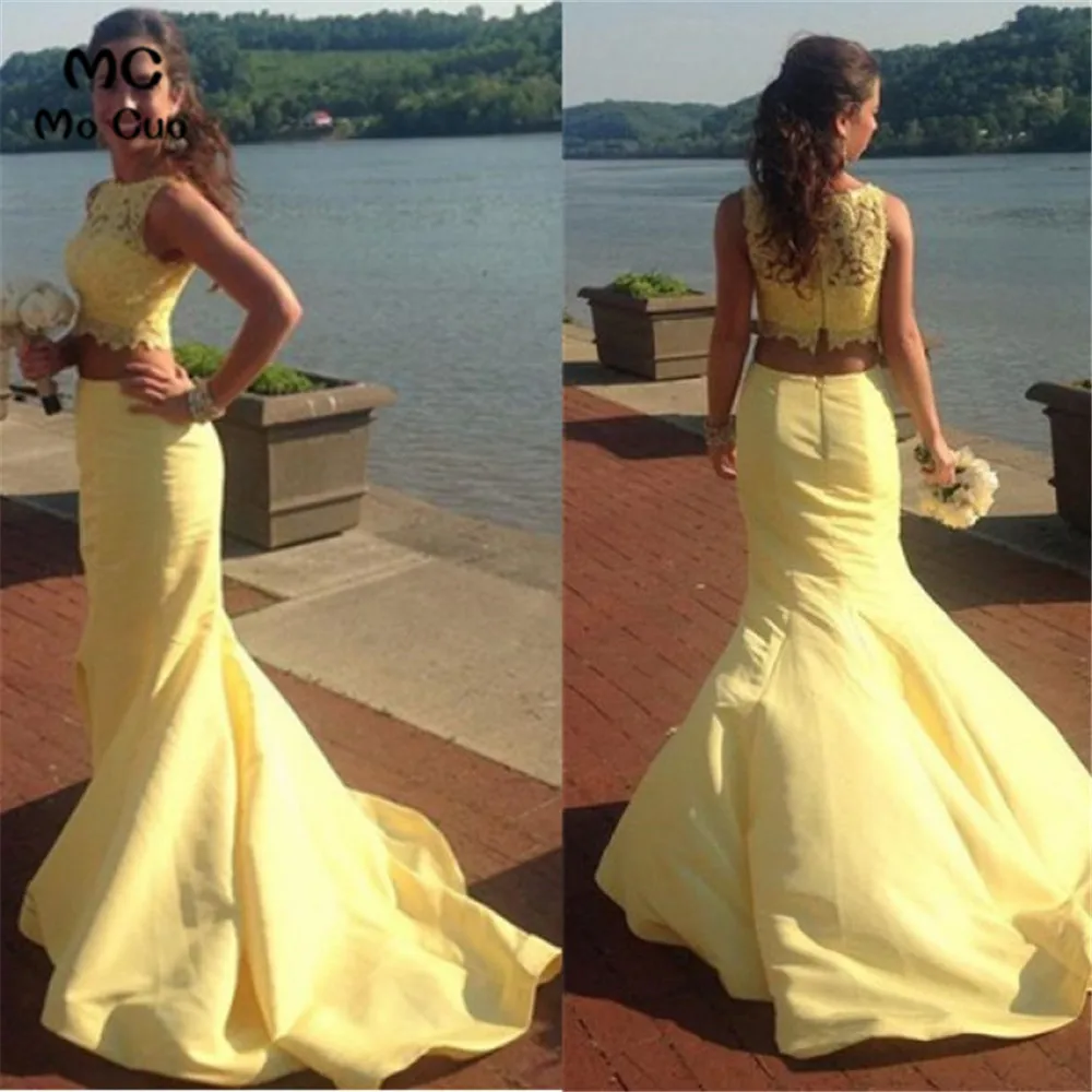 

Two Pieces Gown Mermaid Evening Dresses Long Prom Dress with Lace Sleeveless Sweep Train Satin Formal Evening Dress for Women