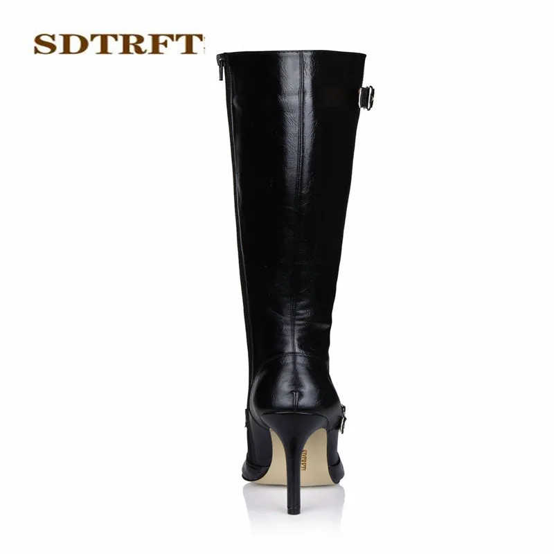 SDTRFT Winter Stilettos 12cm thin heels Knee-High boots Pointed Toe shoes Woman Crossdresser Botas Buckle pumps Plus:35-42 43 | Обувь