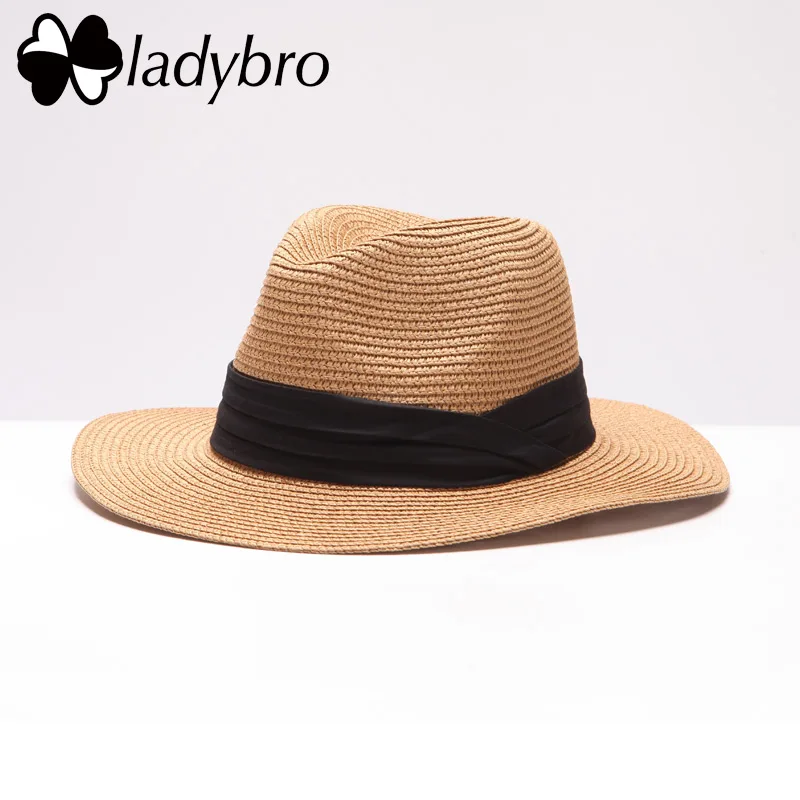002 Khaki Ladybro Летняя женская шляпа с широкими полями, пляжная шляпа от солнца, Панама, соломенная шляпа, мужская фетровая шляпа, солнцезащитный козырек, кепка для мужчин, Sombrero Chapeau Femme - Цвет: 002 Khaki