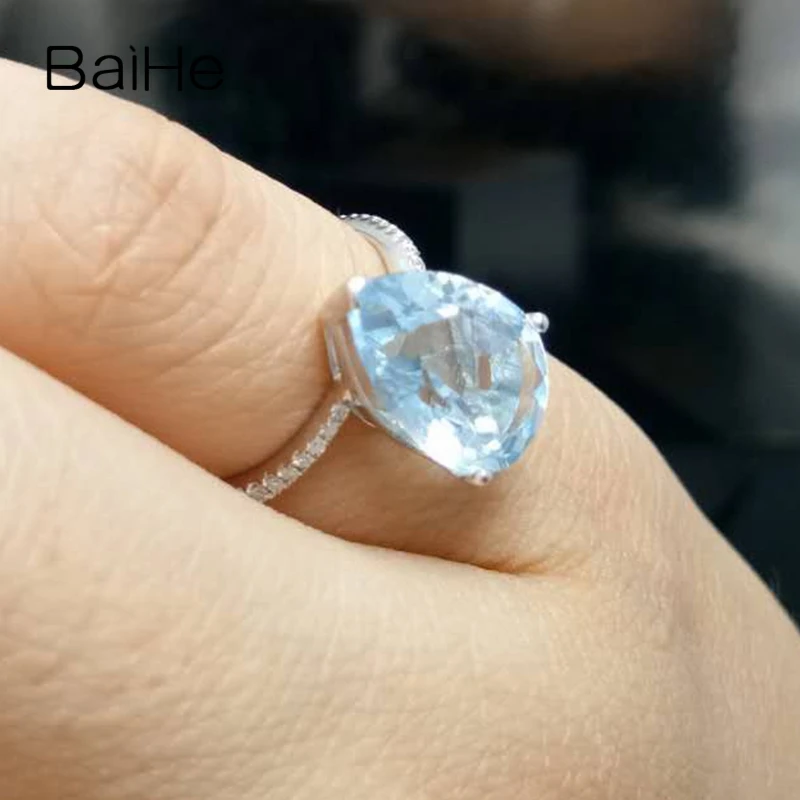 BAIHE Solid 14K белое золото 3.13CT груша безупречный настоящий голубой топаз подарок на