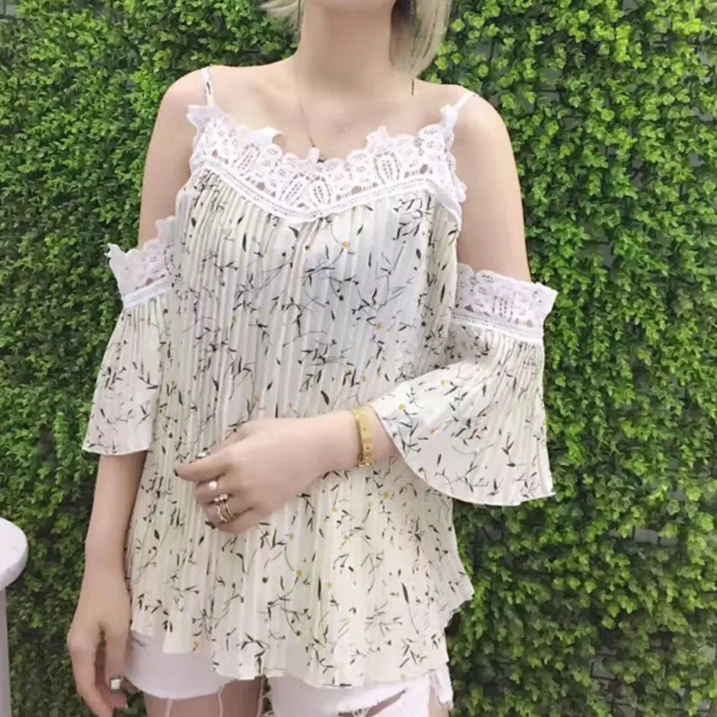 Летние Женские Блузки 2017 Рубашки Женщин Slash Шеи Кружева Цветочные Топы