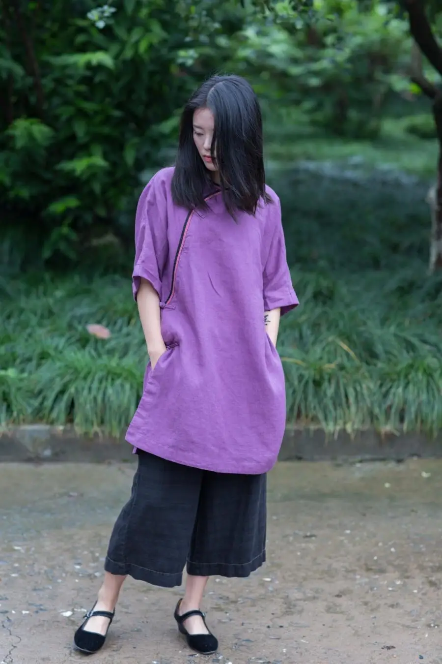 Spring Summer Tea Zen National Style Clothing Half Sleeve Retro Plate Button Shirt Loose Linen Ramie Purple |
