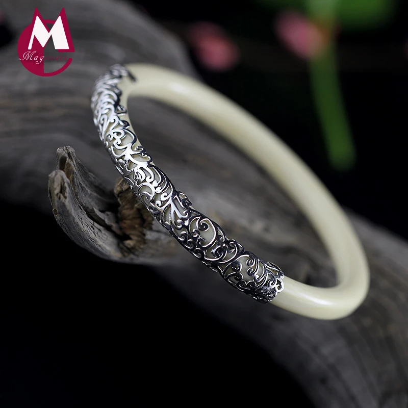 Женский винтажный браслет из серебра 100% пробы с цветком|bracelet bangle for women|bracelet