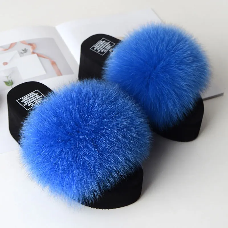 Blue COOLSA/Новинка; женские сандалии с натуральным лисьим мехом; женские пушистые шлепанцы; повседневные меховые Вьетнамки; шерстяные плюшевые тапочки; обувь на платформе - Цвет: Blue