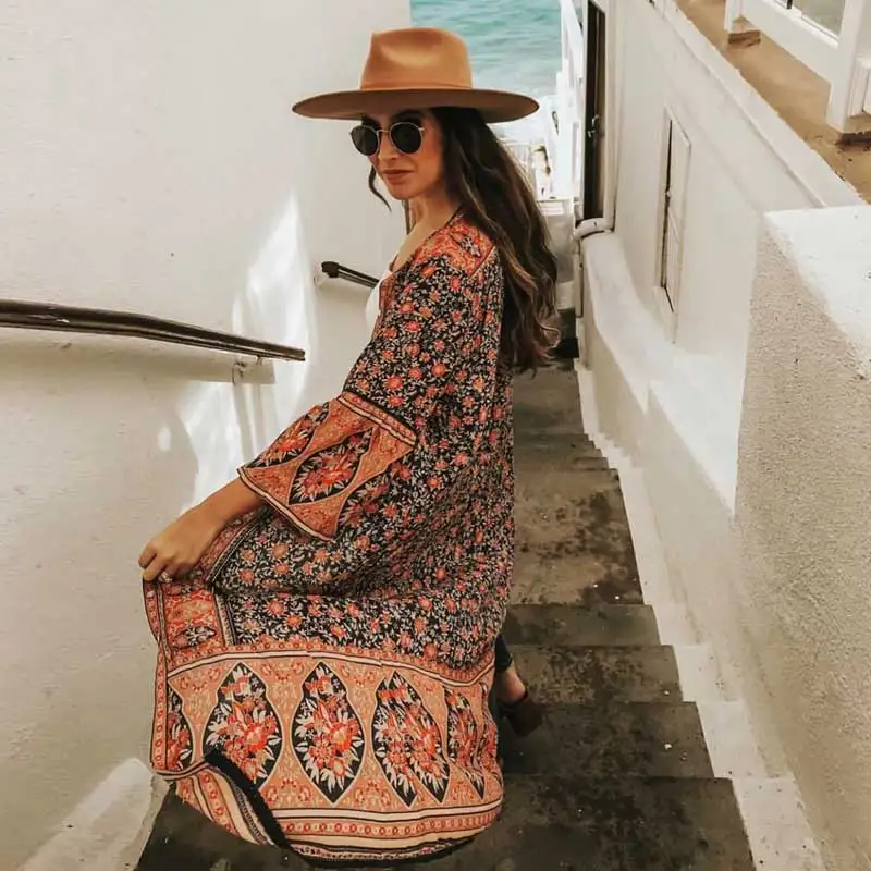 Богемный Вдохновленный пляжное кимоно пуговицы спереди boho длинный дизайн