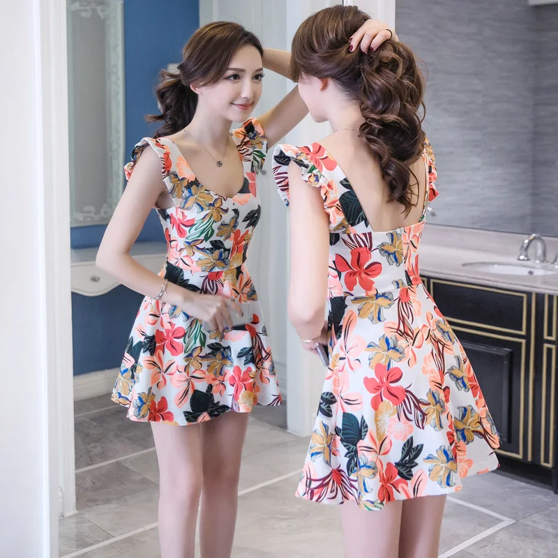 2018 Sexy Women Short Style Dress Floral Print spaghetti Strap V-neck Sleeveless Hit Color Charming Solid | Женская одежда