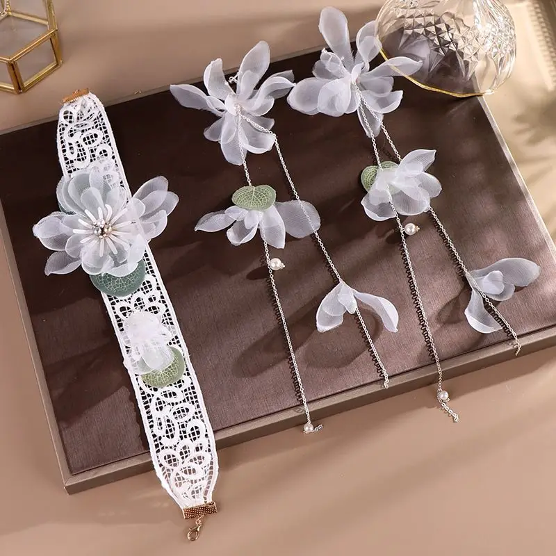 

Jewelry Set New Korean Flower Hairband Earrings Necklace Ribbon Yarn Lace Bottom Handmade Bidal Marriage Original Jewelry TL059