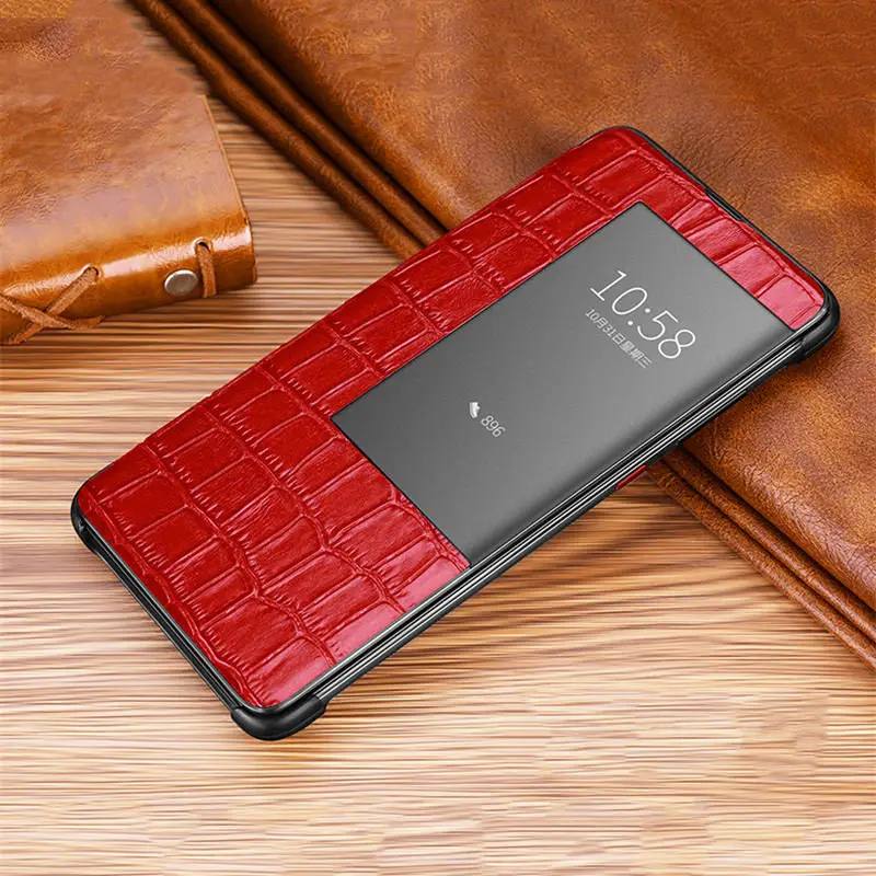 Crocodile Red Смарт-чехол с окошком для просмотра mate 20pro, чехол для huawei mate 20 Pro, Крокодиловая текстура, Роскошный чехол для телефона из натуральной кожи - Цвет: Crocodile Red