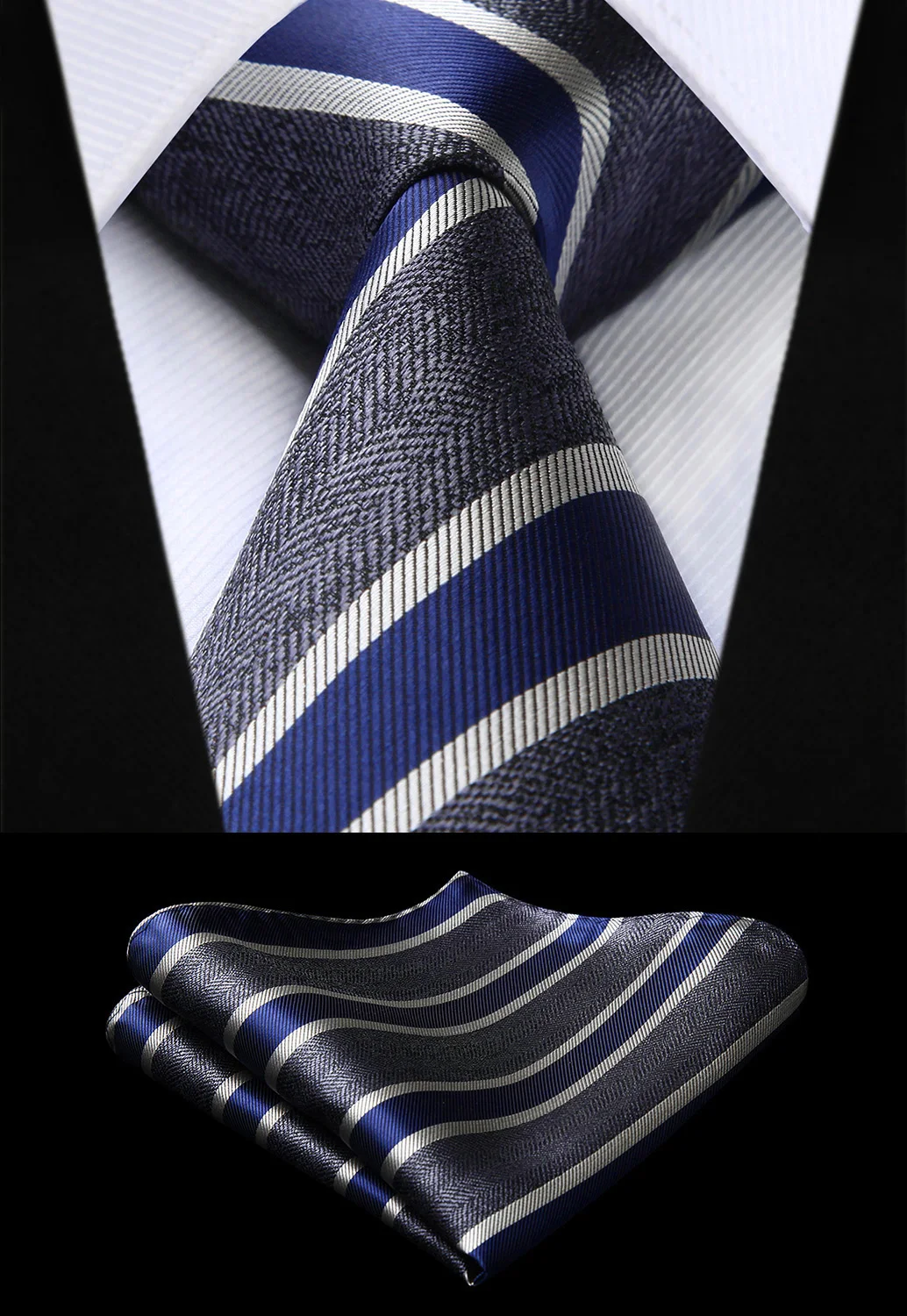 Фото Классический модный мужской галстук-бабочка в полоску темно-синего и черного