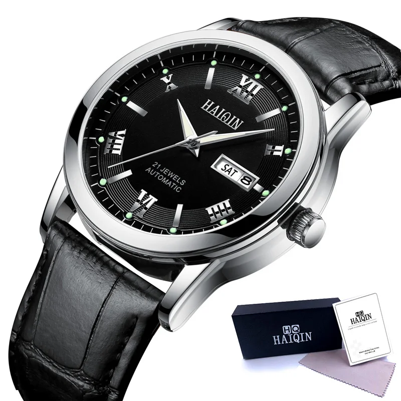 Silver-black-L HAIQIN Лидирующий бренд, мужские часы, механические водонепроницаемые часы, мужские черные кожаные часы, деловые мужские часы, наручные часы, Relogio Masculino - Цвет: Silver-black-L