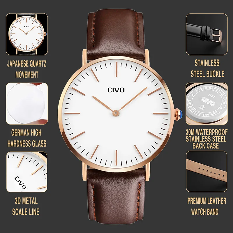 CIVO ультра тонкие коричневые часы из натуральной кожи мужские простые