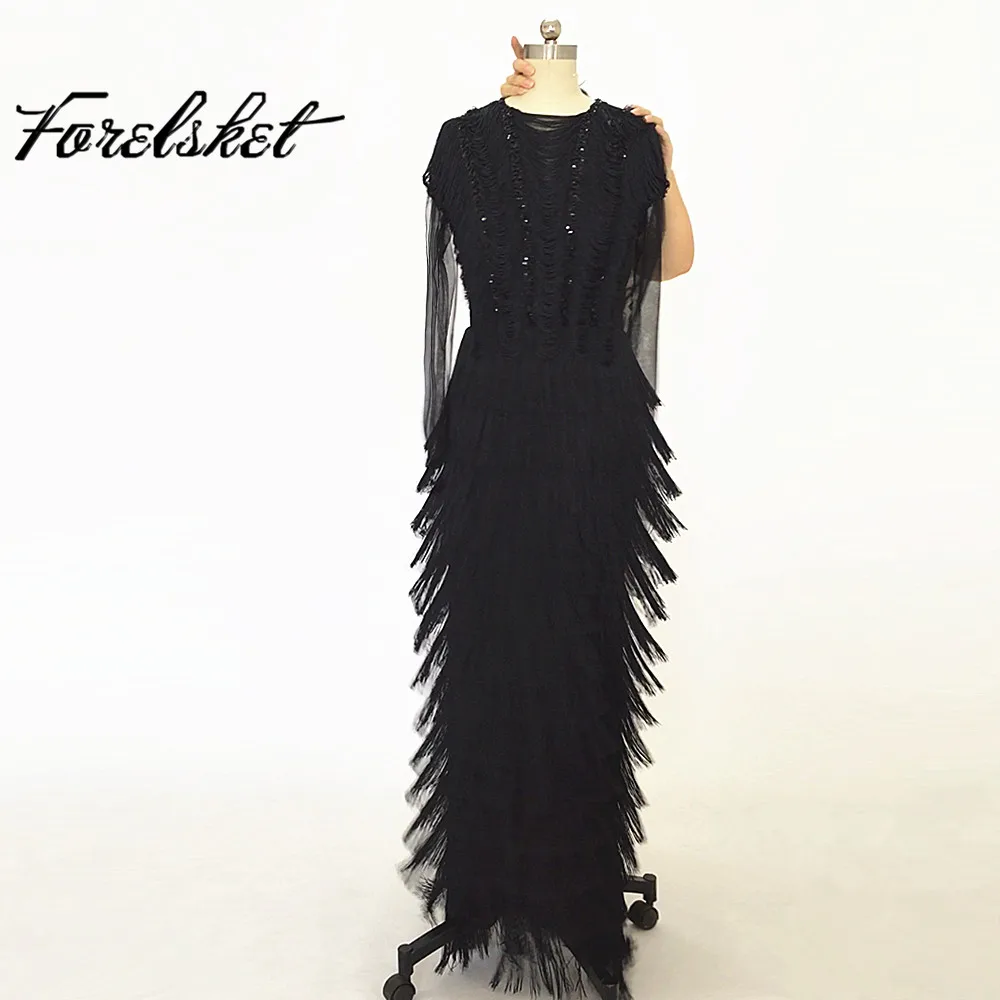 

Sequin Tassel Long Mermaid Evening Dresses Black 2020 robe de soirée Long Sleeves Formal Prom Dresses For Women вечернее платье