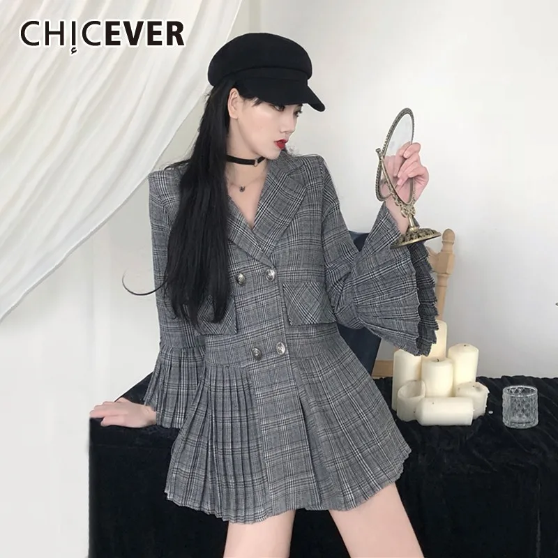 CHICEVER летняя винтажная серая клетчатая Женская куртка с расклешенным рукавом на